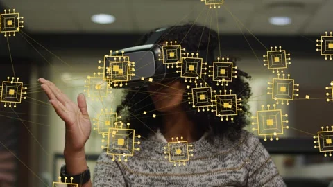 Woman using VR headset making right-hand gestures in study, bringing gold chip Stock Footage 333278454
