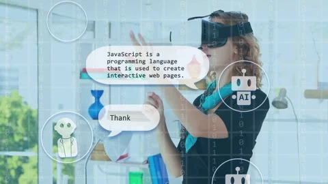Woman using VR headset selecting avatar, requesting JavaScript explanation, Stock Footage 334729178