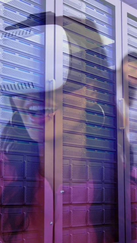 Woman using VR headset with Server Room background Stock Footage 331717795