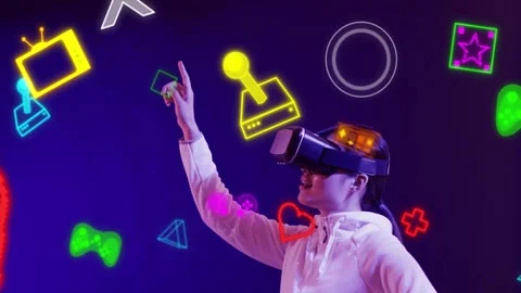 Woman using VR pointing at controller, initiating joystick animation enabling Stock Footage 335465543