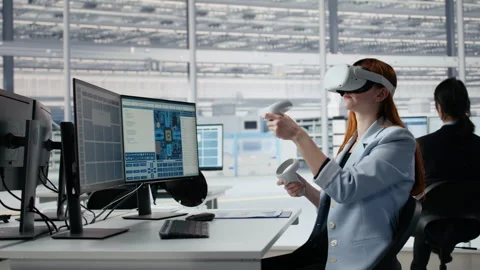 Woman using VR tech to optimize microchip production in factory RD workspace Stock Footage 335881721