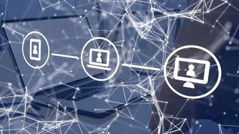 Woman viewing app starting tech net overlay over desk, device icons aligning and Stock Footage 334788749