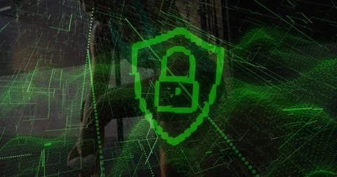 Woman viewing holo security shield appearing over room, obscuring her, digits Stock Footage 330622252