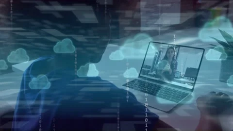 Woman viewing laptop host gesturing as cloud overlay rising hiding clearing Stock Footage 335480934