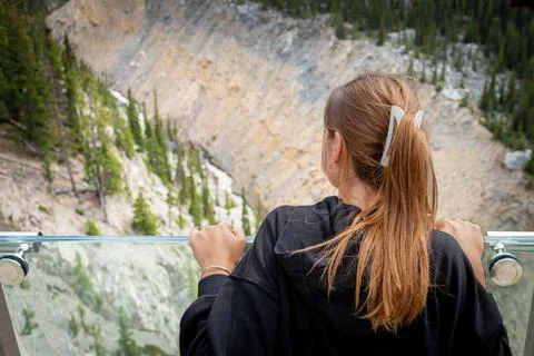 Woman on viewing platform gazing at distant mountains in forest setting. Stock Photos