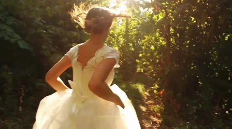Woman In Vintage Wedding Dress Running Slow Motion Forest Stock Footage
