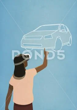 Woman with virtual reality simulator glasses looking up at virtual car Stock Illustration