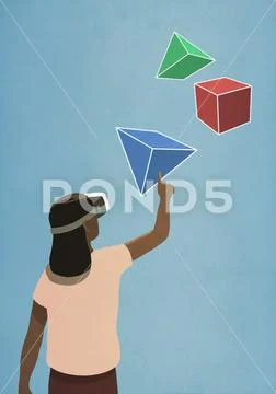 Woman with virtual reality simulator glasses looking up at 3D geometric shapes Stock Illustration