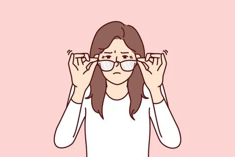 Woman with vision problems squint when touching does not help them see fine Illustrazione stock