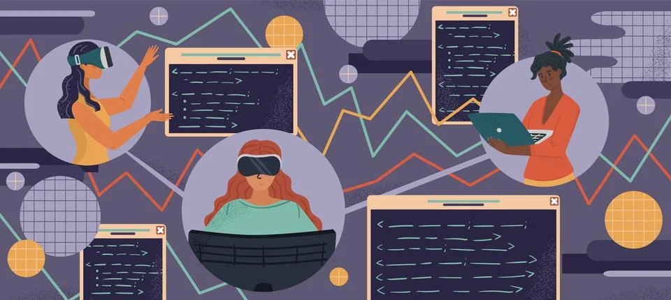 Woman in VR goggles coding application. Black and white female engineers and イラスト素材