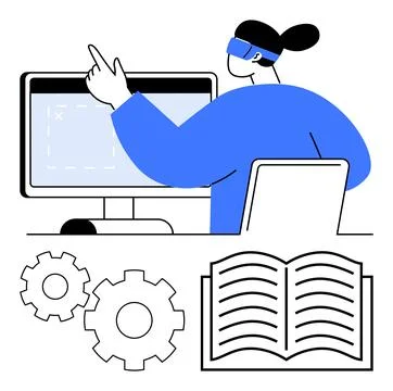 Woman with VR headset interacting with computer screen, accompanied by gear.. Stock Illustration