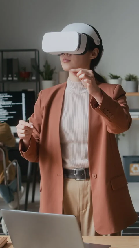 Woman in VR Headset Testing Augmented Reality Software in Office Stock Footage 306742538