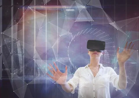 Woman in VR headset touching interface against galaxy city background Stock Photos