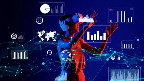 Woman with VR looking analyzed data graph report blue background. Hallucination. Stock Photos