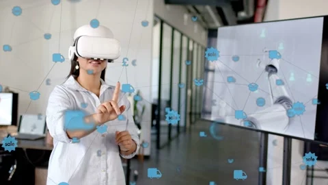 Woman in VR tapping dense blue nodes, causing nodes shifting, robotic arm Stock Footage 333632280