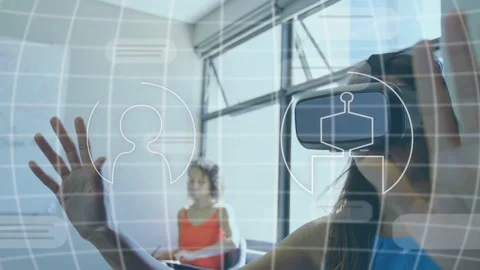 Woman VR user raising hand, starting tech demo UI; person, AI, heart icons Stock Footage 334743953