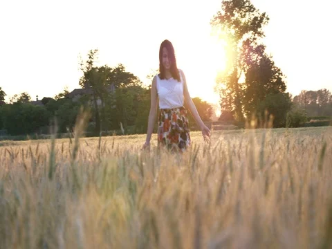 A woman is walking along a wheat field with a white dress, in a straw hat Stock Footage