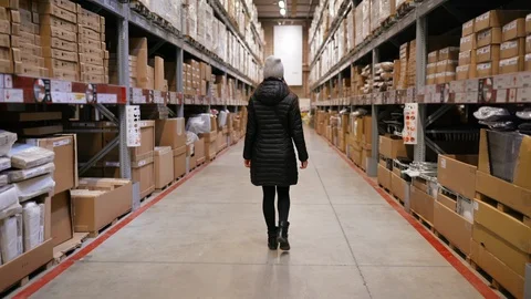 Woman walking between palettes with ordered goods and materials at warehouse Stock-Footage 104521929