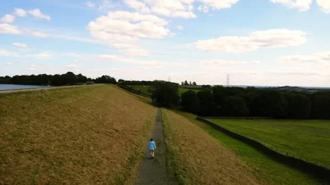Woman walking on pathway through fields wide Stock Footage 286733797