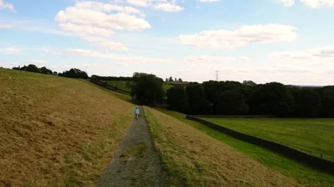 Woman walking on pathway through fields wide Stock Footage 291638025
