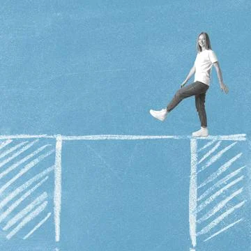 Woman walking on rope between two objects Stock Illustration