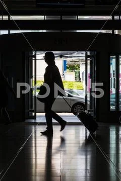 Woman Walking Silhouette Travel Suitcase Airport Single Person Stock Photos