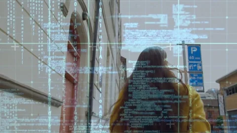 Woman walking street under code overlay, low camera tracking, adjusting hair Stock Footage 333965616