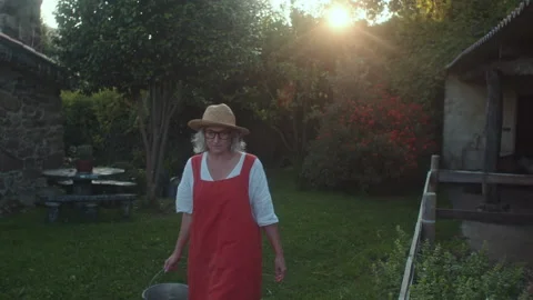 Woman walking through garden while carrying a bucket at sunset Stock Footage 319946185
