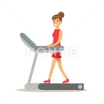 Woman Walking On Treadmill , Member Of The Fitness Club Working Out And Stock Illustration