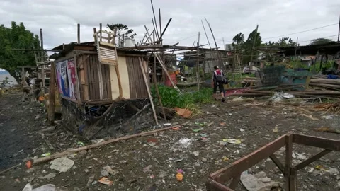 Woman walking in a typhoon-wrecked bambo... | Stock Video | Pond5