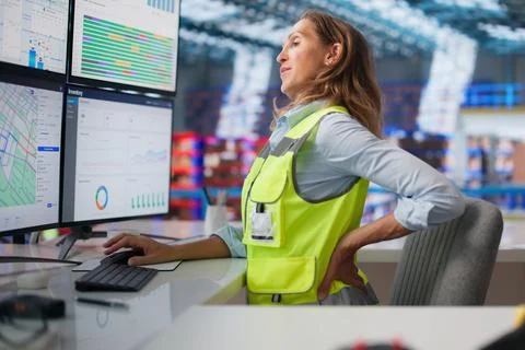 Woman In Warehouse Adjusts Posture To Ease Back Pain While Handling Packages. Stock Photos