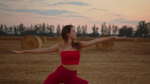Woman warming up doing yoga before exercising in nature Stock Footage 233381253