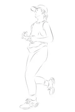 Woman warming up run runner, simple vector hand draw outline sketch, isolat.. Stock Illustration