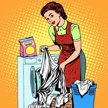 Woman washes clothes washing machine Stock Illustration