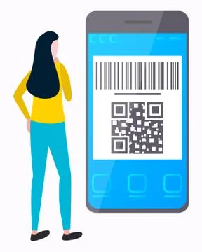 Woman Watching on Laptop with QR Code Vector 库存插图