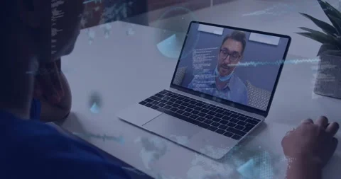 Woman watching laptop while tech pro speaking, causing waves and code over desk Stock Footage 329471689