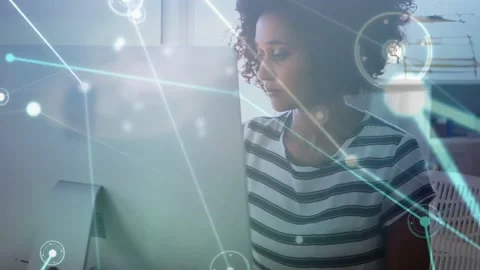 Woman watching PC with network nodes drifting causing leaning sipping analyzing Stock Footage 334312729