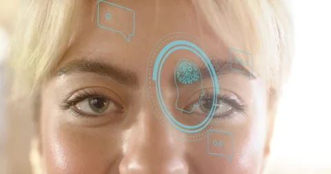 Woman watching tech brain ring and chat bubbles fading in, eyes tracking, Stock Footage 321782054