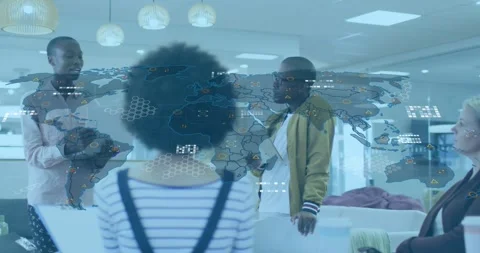 Woman watching tech team, map overlay fading in causing presenter gesturing with Stock Footage 327275903