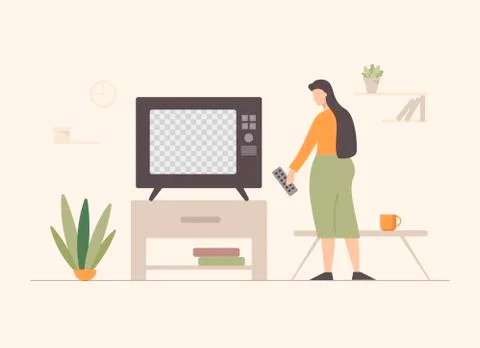Woman watching tv illustration. Female character with remote control in living Stock Illustration