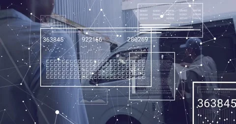 Woman watching while man reaching cargo, lifting package from van, HUD overlays Stock Footage 331789940