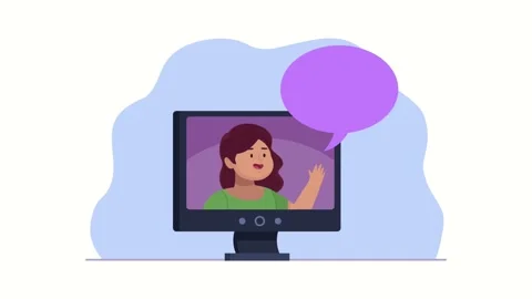 A woman waving from a computer screen with a speech bubble appearing, repre.. Video stock 333429881