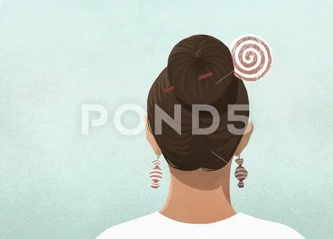 Woman wearing candy hair pin and earrings Stock Illustration