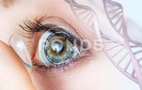 Woman wearing contact lens among DNA stems. Stock Photos