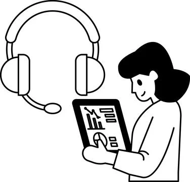A woman wearing a headset is looking at a tablet Stock Illustration