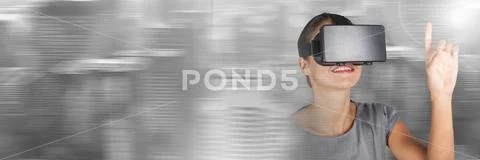 Woman wearing virtual reality headset glasses with motion effects transition Stock Photos