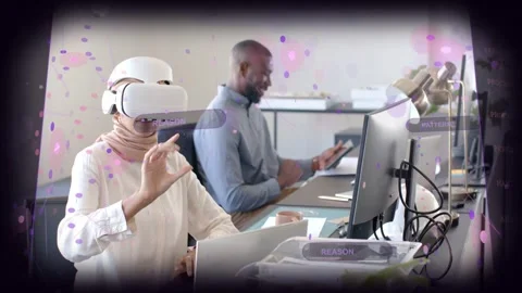 Woman wearing VR headset testing tech making pinch-to-open-to-fingertip gestures 動画素材 333232910