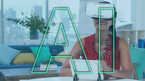 Woman wearing VR headset using stylus and initiating AI code overlay while Stock Footage 334729189