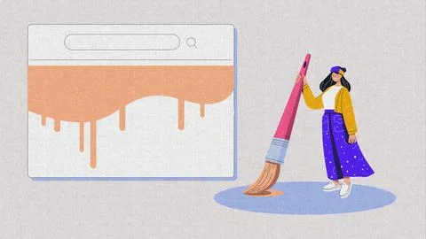 Woman Web designer visualizing a vibrant search concept with a large brush Stock Illustration