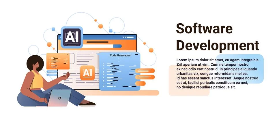 Woman web developer generating program code on laptop screen software Stock Illustration